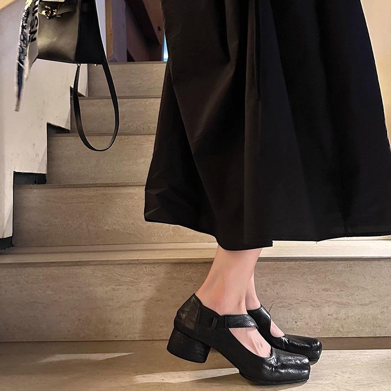 Leather~ Square head thick heel Mary Jane shoes women's spring retro pig nose ballet shoes women's small leather shoes single shoes
