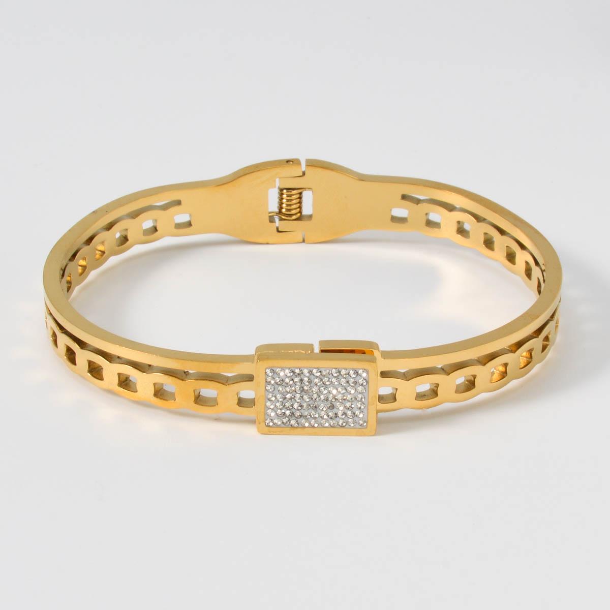 

Glamorous Gold Plated Stainless Steel Bracelet Luxury Spring Clasp Bangle Women Elegant Party Wedding Anniversary Jewelry Gift