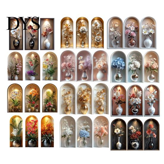 Easy Install Wall Sticker 3 Pcs 3D Vase Stickers Vintage Flower Art Space Extension Self-Adhesive Colorful Floral Blossom Decals for Bedroom