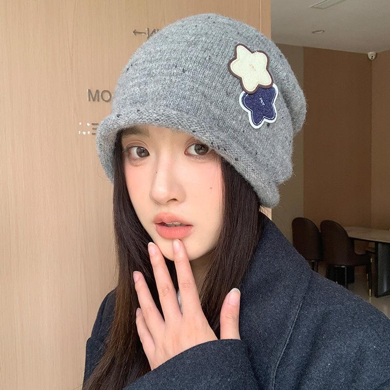 New Versatile Hat for Women with Big Head and Face Small Pile of Hats  Korean Style Star Knitted Pullover Hat Warm Wool Hat