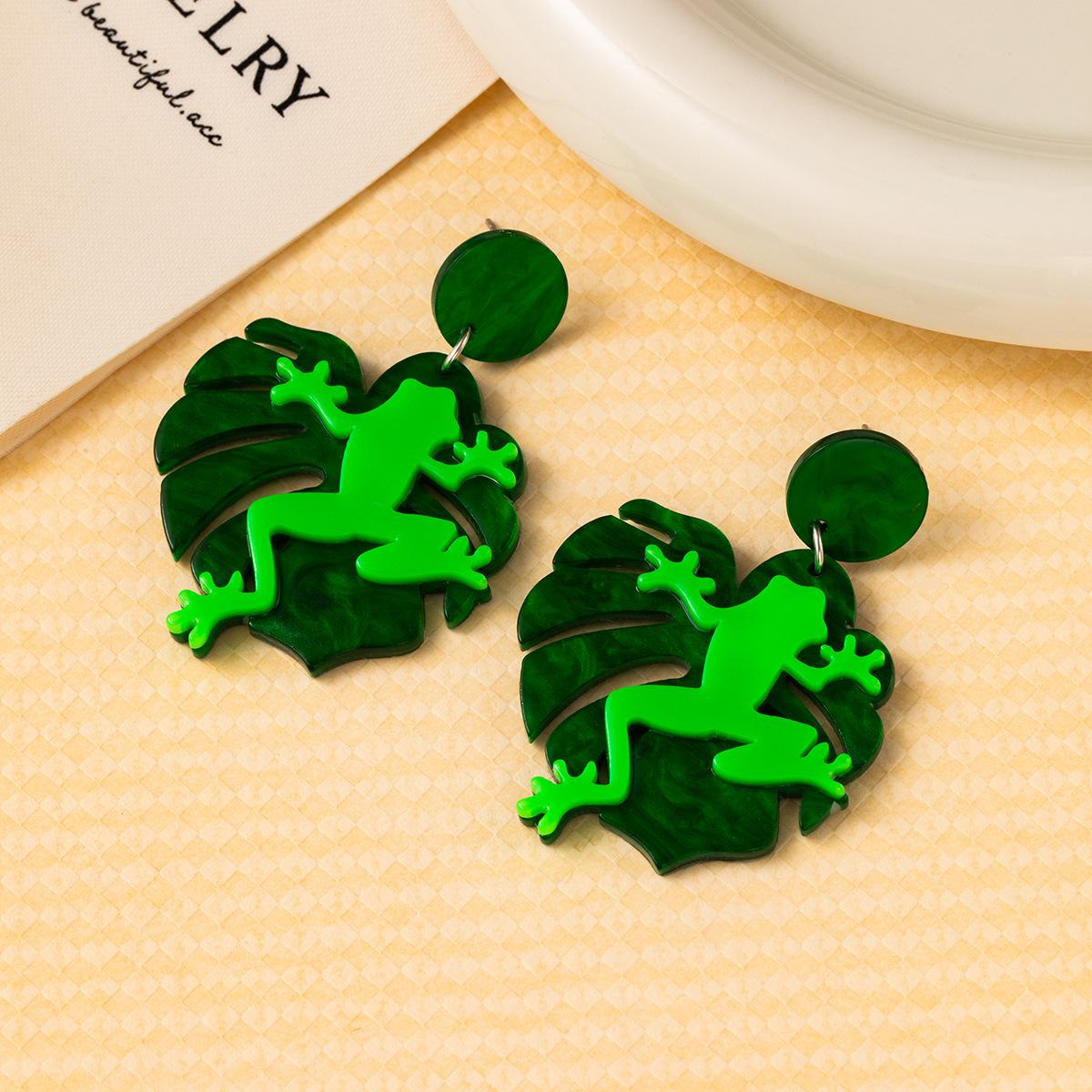 European  American Summer Creative Quirky Frog Leaf Acrylic Earrings