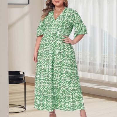 Robe mi-longue à col en V et manches mi-longues, taille haute élastique et ourlet fluide