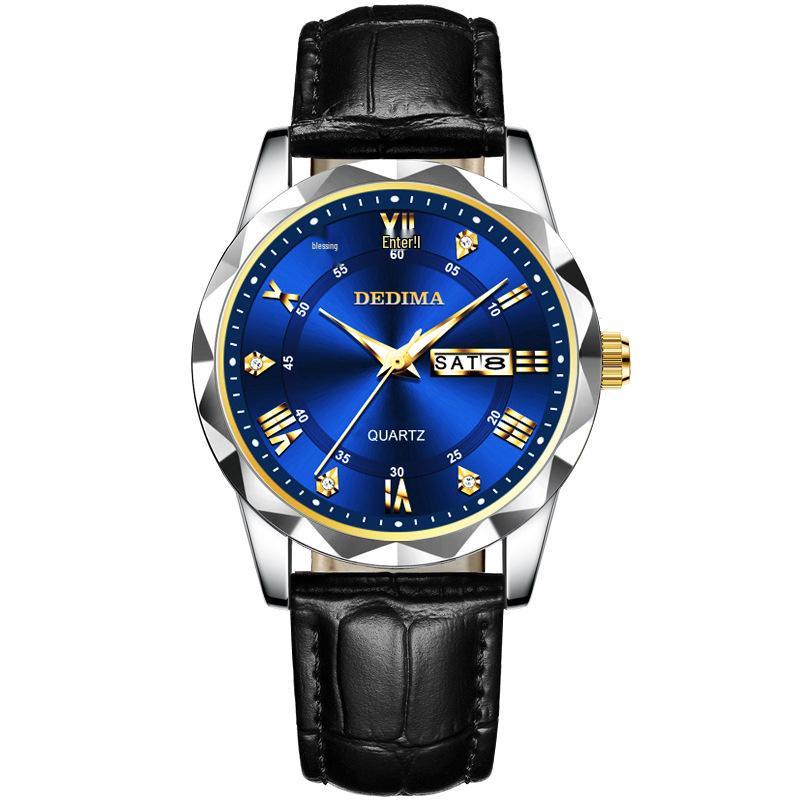 Men's Waterproof Luminous Quartz Watch with Leather Strap & Steel Band