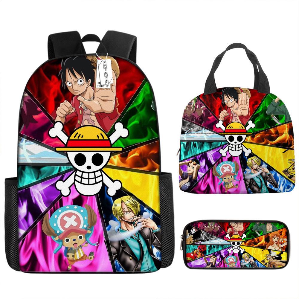 One Piece Luffy Rucksack 3-teiliges Set Schüler Schultasche Anime Rucksack Brotdose Klassisch Große Kapazität Wasserdicht