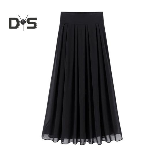 Women Skirt High Waist Pleated Loose Solid Color Elastic Waist Soft Double Layered Mid Calf Length Lady Prom Party Daily Midi Skirt