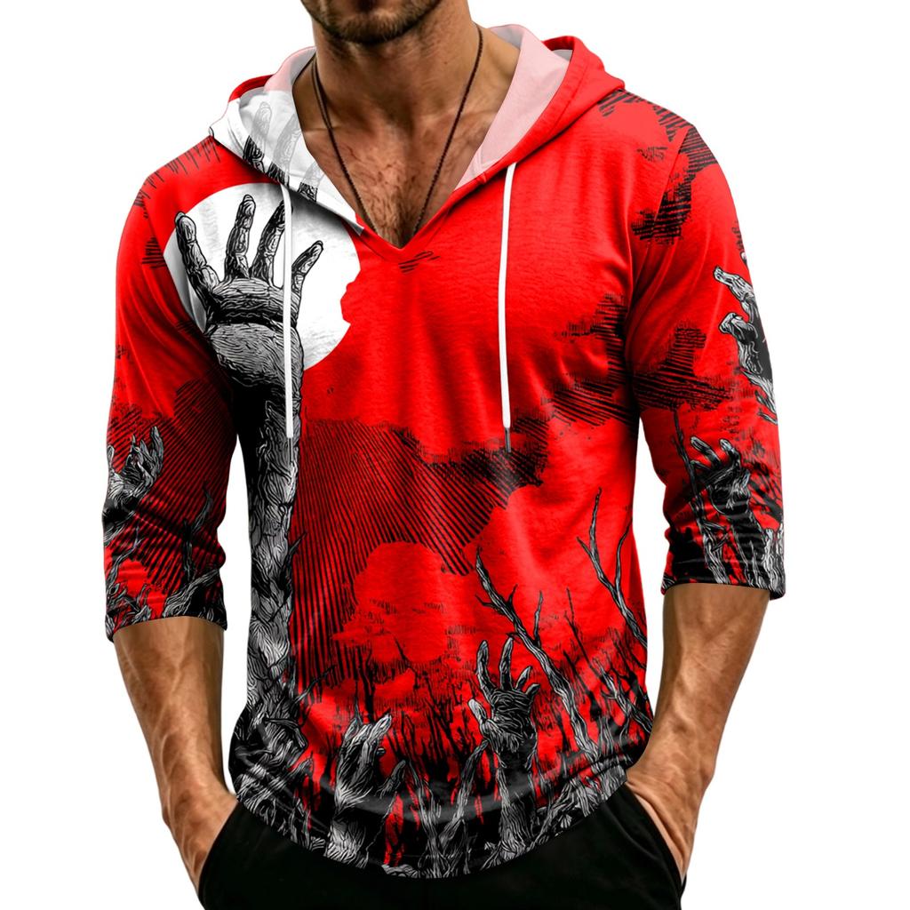 Pullover con cappuccio a maniche a tre quarti, vestibilità larga, stampa di Halloween da uomo