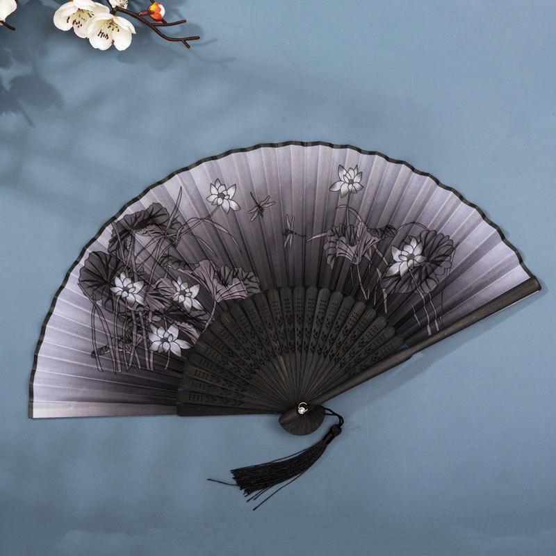 Hand Folding Fan BambooSilk Chinese Fan Hand Women Black Fan Summer Female Dance Hand Folding Fan Party Gift Hand Fans For Women