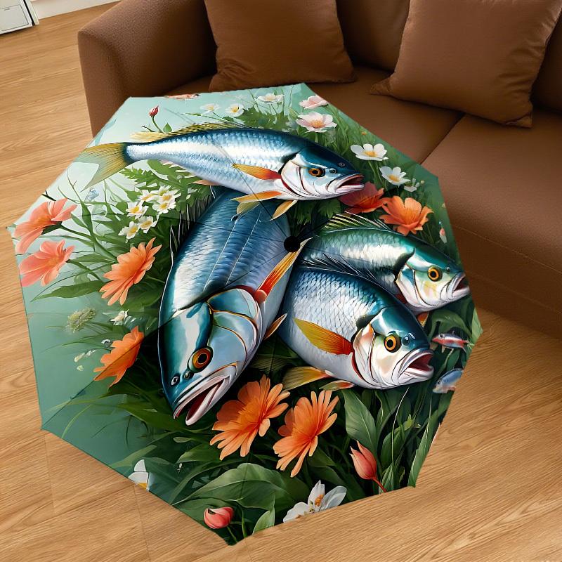 1PC fishes flowers Automatic Open/Close Umbrella with Windproof, 8-Rib Sturdy Canopy, Durable Ribs, Fashionable Design, Outdoor Accessory, Fun Prin, H
