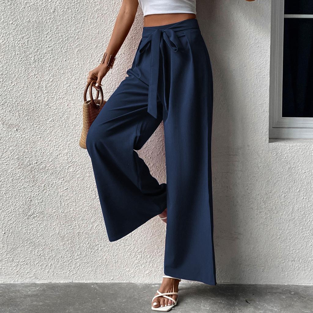 Womens Pants High Waist Wide Leg Trousers with Self Tie Belt Casual Loose Fit Pants for Women Office Wear Stylish Design
