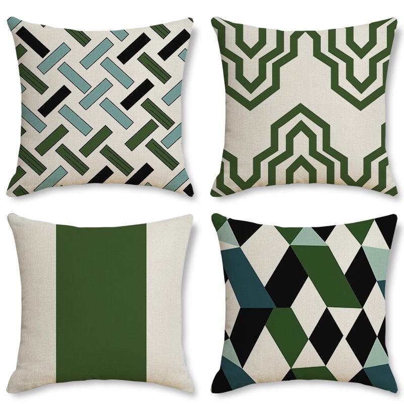 Light Luxury Green Linen Sofa Pillow Dark Green Geometric Pattern Pillow Bedside Cushion Cushion Pillow Cover