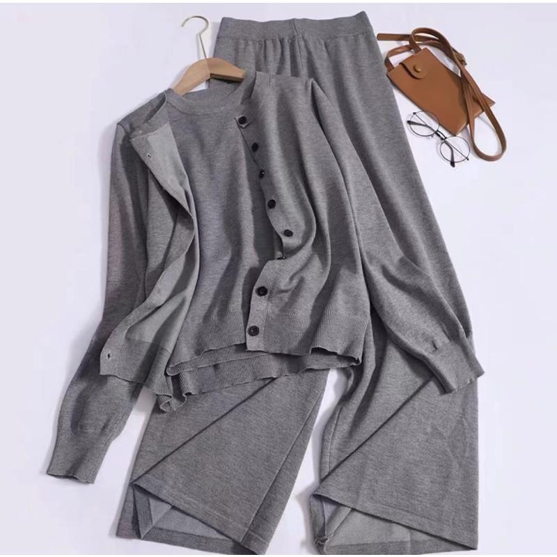 Grey simple fashion casual sweater set women's autumn and winter vest knitted sweater wide-leg pants three-piece set