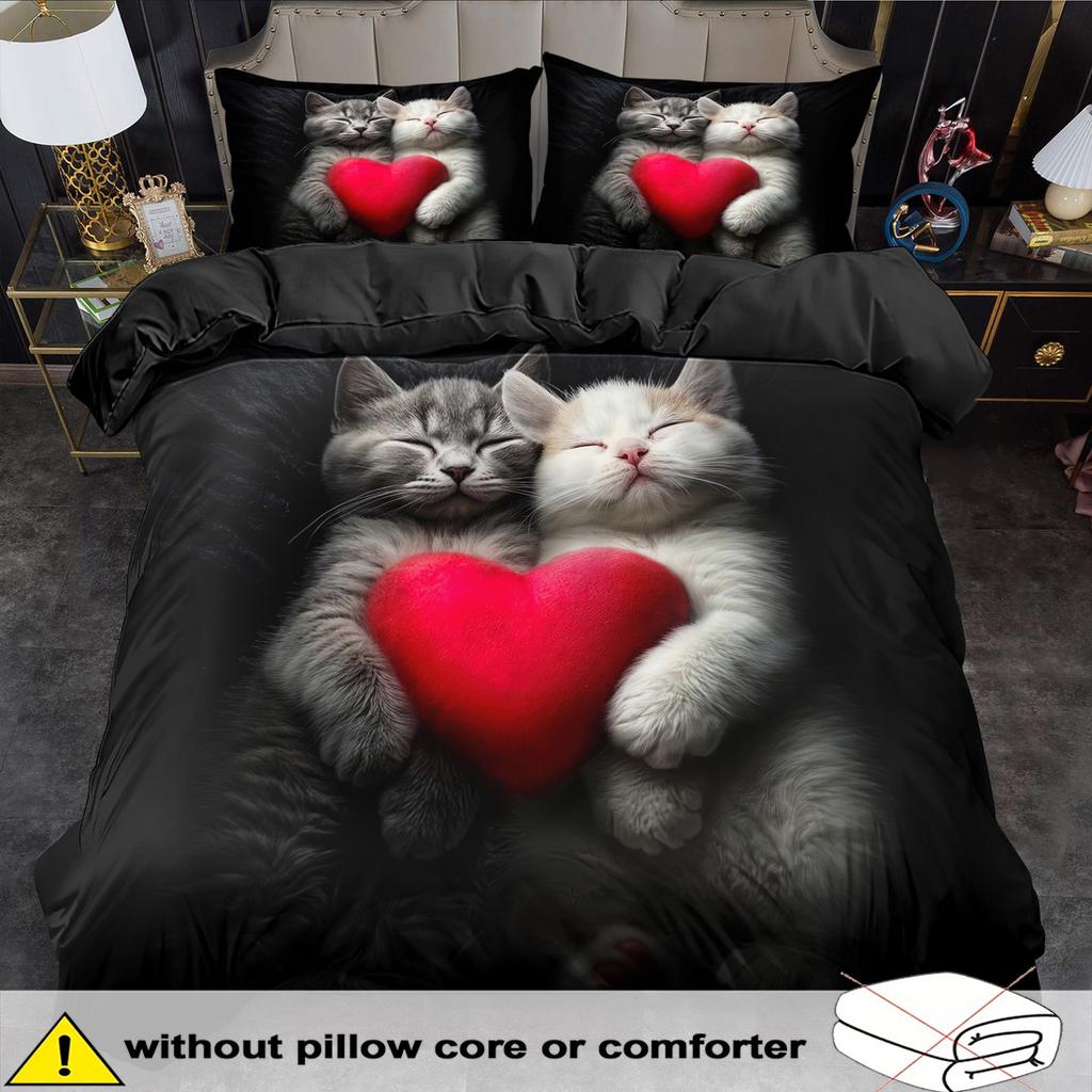 Romantic and Loving Cat Print Duvet Cover Set King Queen Style Bedding Set Birthday Gift (Includes 1Duvet Cover+ 1/2Pillowcases)