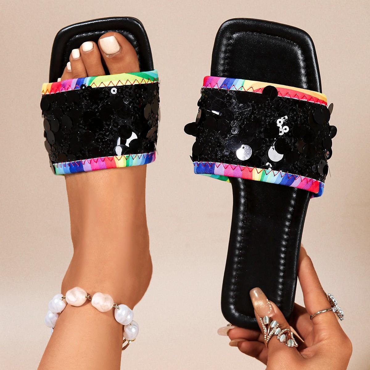 

Women s Flat Sequined Sandals New Summer Square Toe Plus Size Slipper 44 чорний