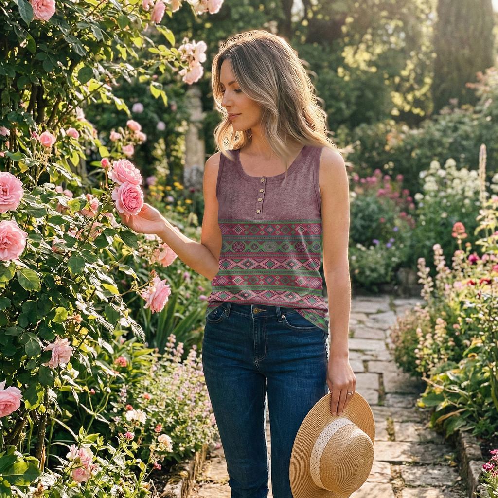 Sleeveless Floral Print Tank Top Casual Round Neck Button Relaxed Fit Lightweight Women’s Shirt