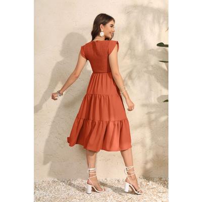Women's Fashion Summer Spring Solid Color Print Short Sleeve O-Neck High Waist Casual Dresses