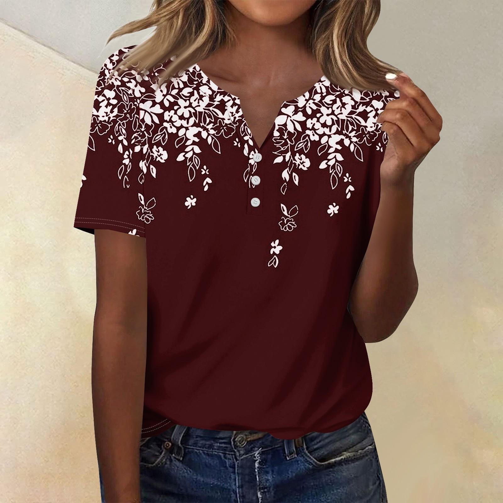 

Женская мода повседневный топ с коротким рукавом и цветочным принтом L винный