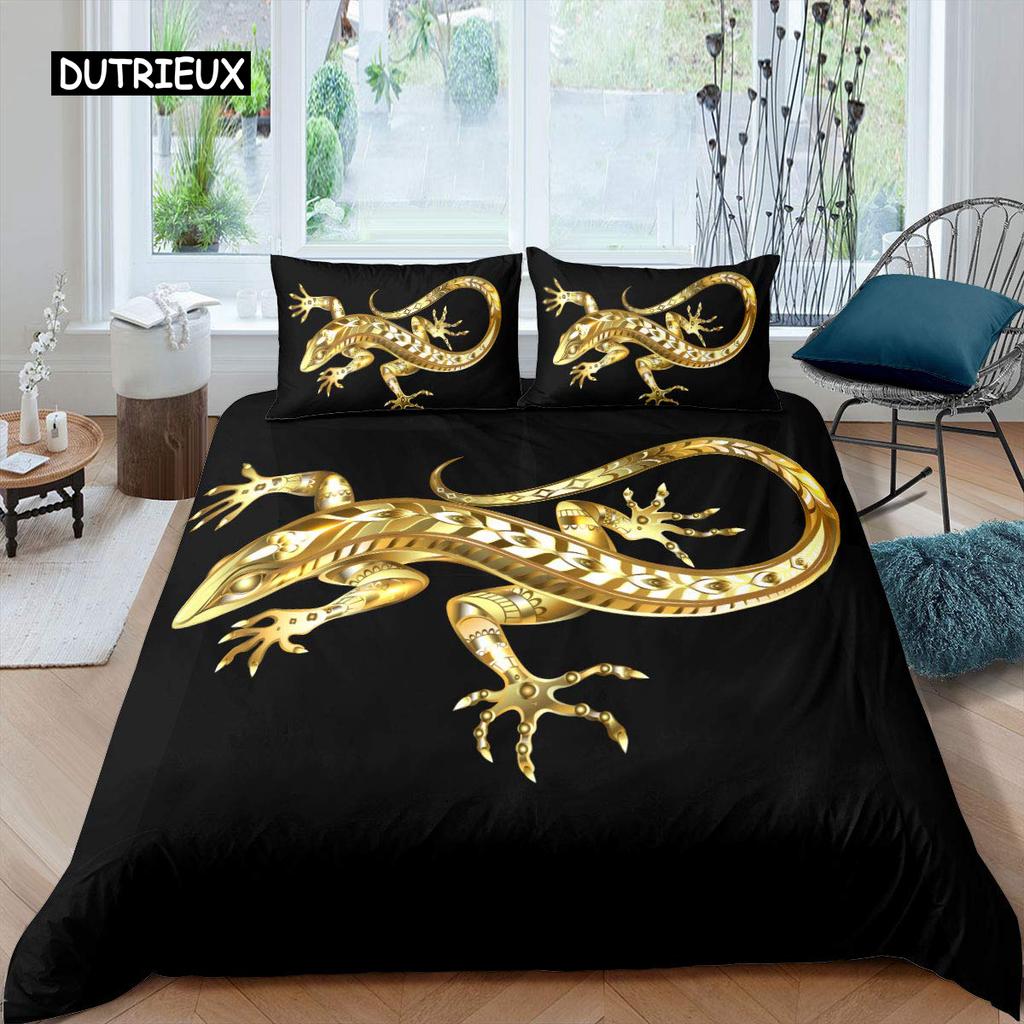 Chameleon Duvet Cover Set 3D Wild Animal Theme Twin Bedding Set Wildlife Comforter Cover Boys Green Leaf Polyester Quilt Cover