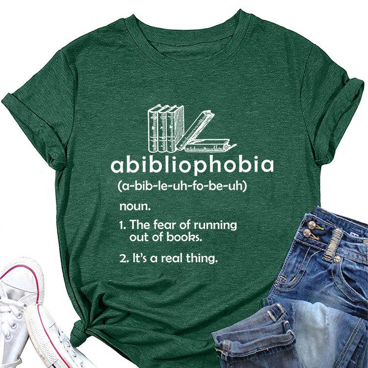 Summer new round neck casual Tshirt abibliophobia book print loose short sleeve top Womens allmatch fashion pullover