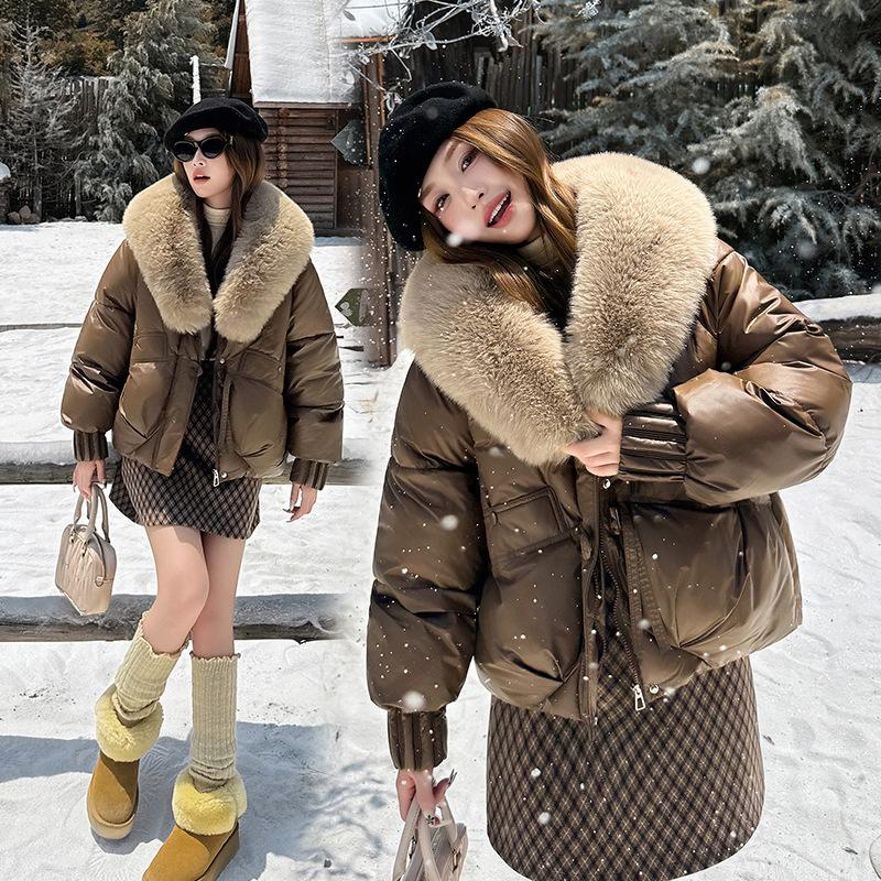 Autumn Winter Women Down Cotton Coat Street Imitation Fur Collar Hooded Short Cotton Padded Jacket Female Basic Snow Warm Overcoat