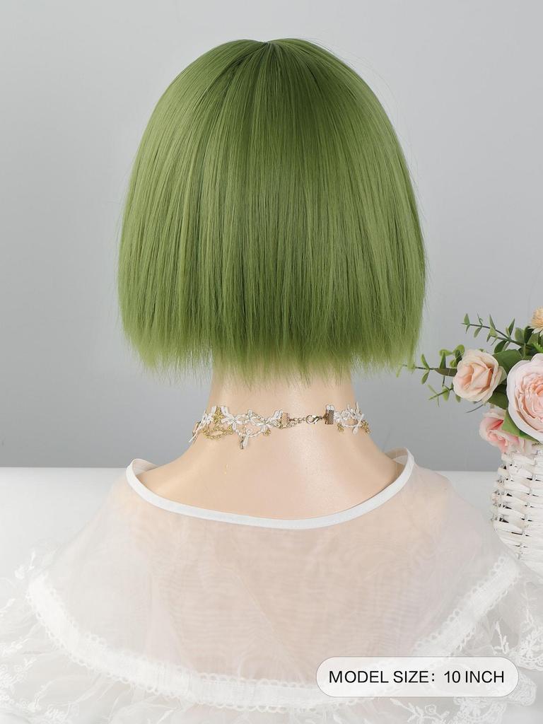 Zielona peruka Cosplay syntetyczne peruki odporne na ciepło 10-calowe krótkie peruki z grzywką prosta peruka Lolita Halloween z grzywką dla kobiet odporna na ciepło