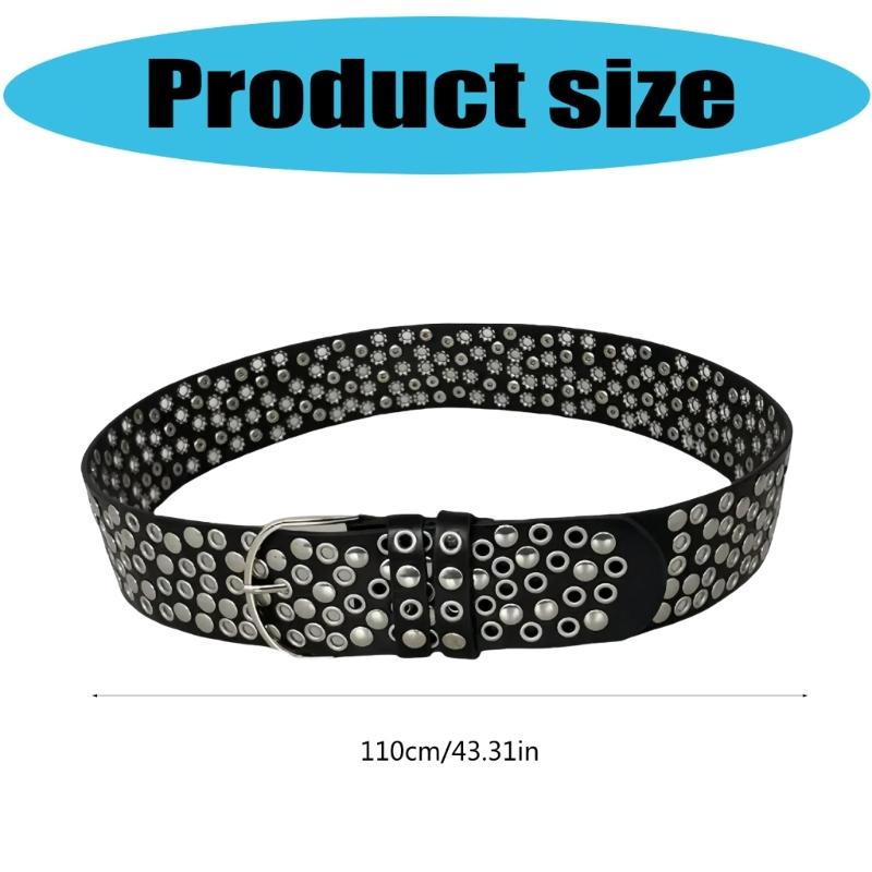 Adjustable Length Rivet Studded Waist Belt with PU Leather Full Studs for Trendy Rock Styles Enthusiasts Hiphop Decors