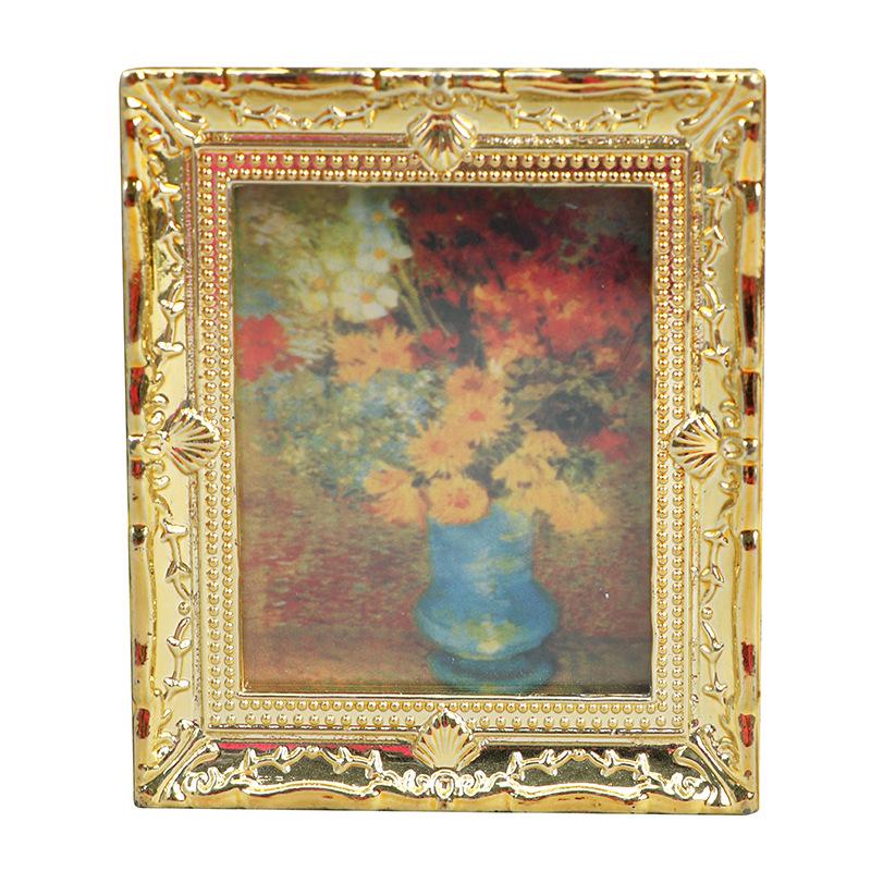 1:12 Dollhouse Miniature Furniture Accessories: Gold-Painted Flower Oil Painting Ornament