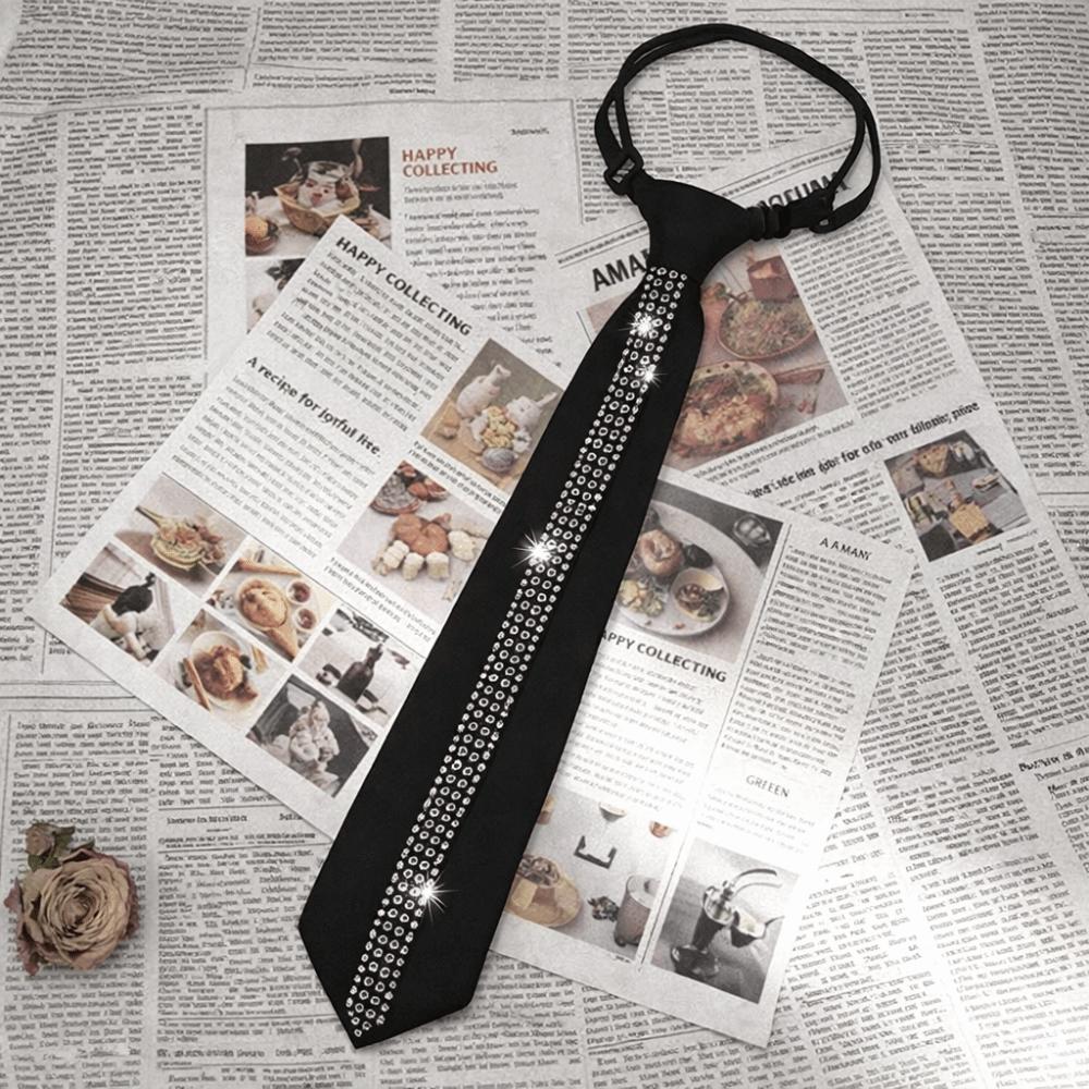 Black Lazy Rhinestone Neck Tie Flexible Pre Tied Neck Tie Business Adjustable Neck Tie Festive