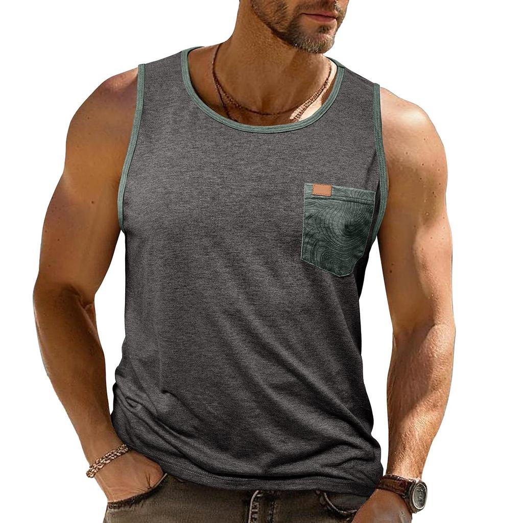 Men’s Vest Sleeveless Tops Printed Chest Pocket Summer Sports Fitness Loose Shirts