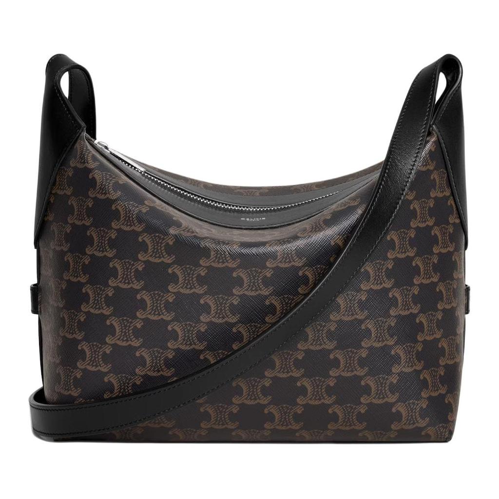 Celine Triomphe Logo Print Design Calfskin Shoulder Bag Women Shoulder Bag Black 122332GUK