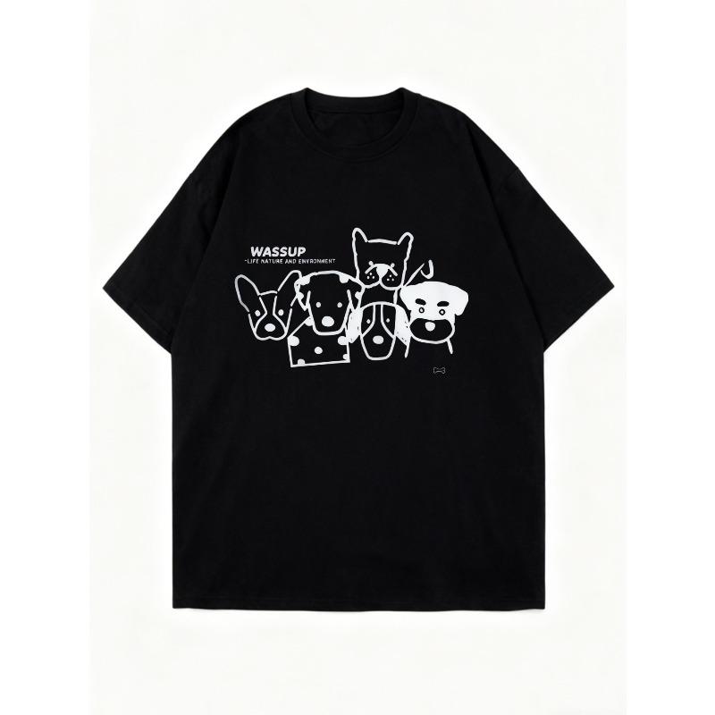 Oversized T Shirt Black WASSUP Text And Cartoon Animal Print Casual Streetwear For Women