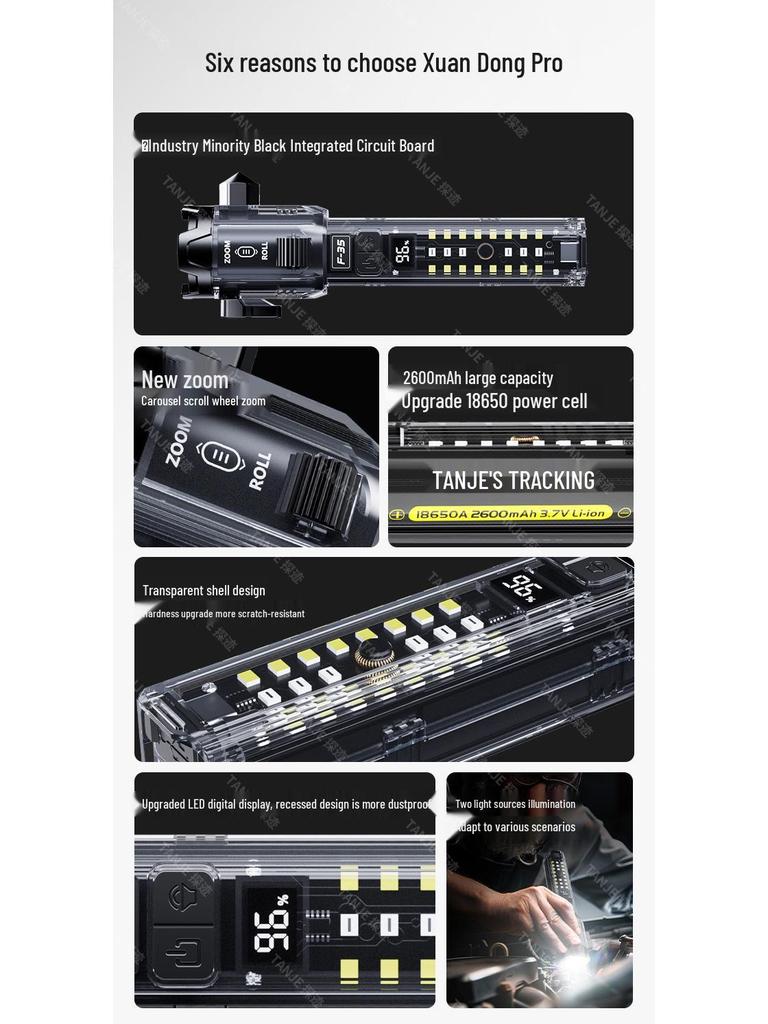 Portable High-Brightness Roller Zoom Hammer with Built-in Speaker Flashlight and Cutter.