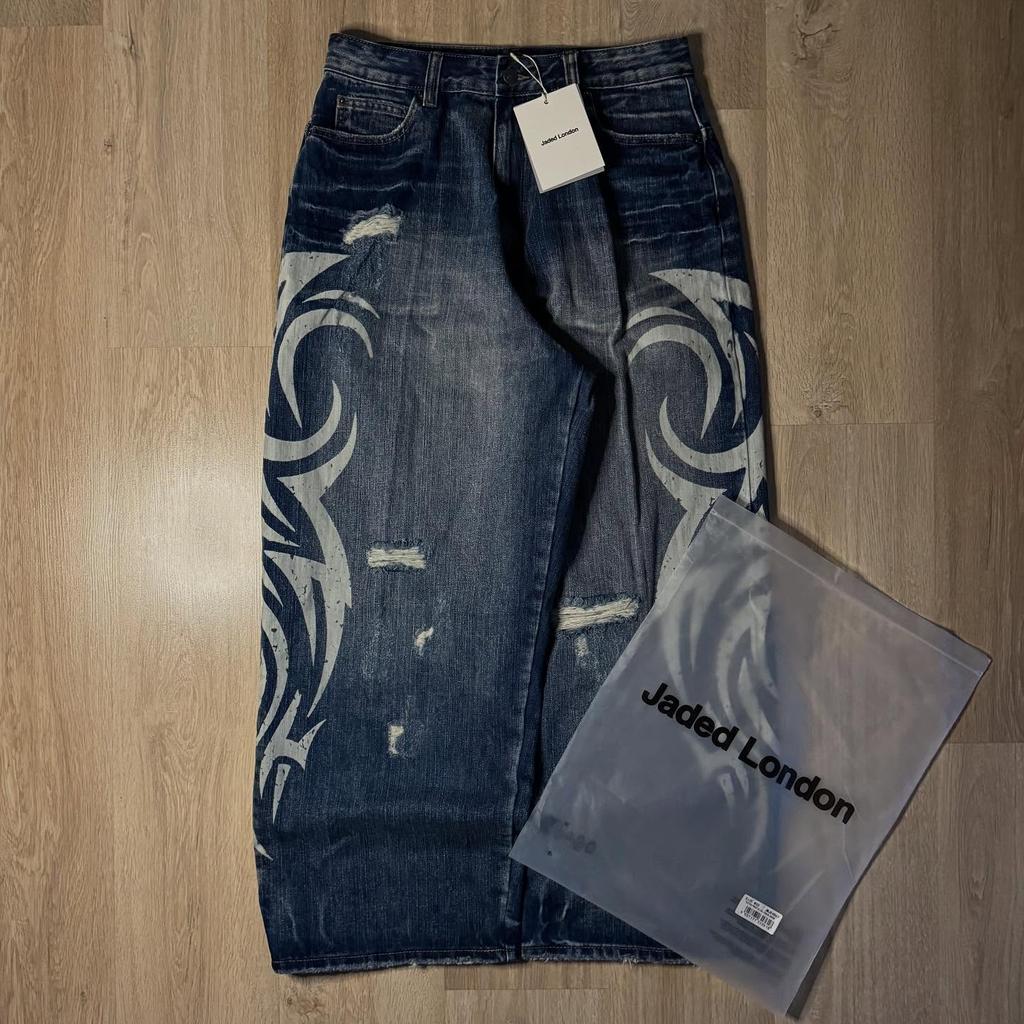 RogueWave Y2K Rosa Baggy Jeans Vintage Trykkmønster Vasket Ripped Jeans Hip Hop Streetwear Harajuku Menn Kvinner Casual Vide Ben Jeans