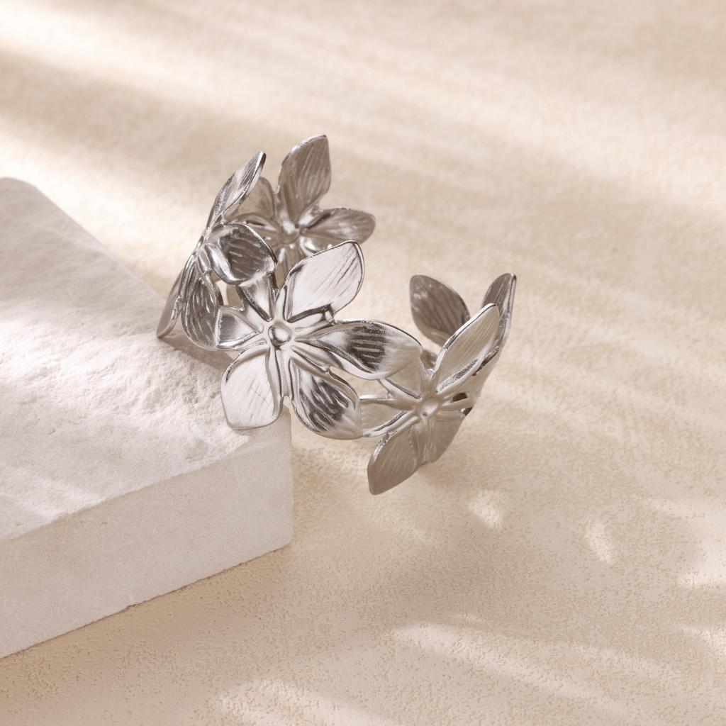 Mehrfach Große Blume Edelstahl Armreif Kupferfarbe Breit Offener Armspange für Frauen Hochzeit Zirkon Urlaubsaccessoires Geschenk