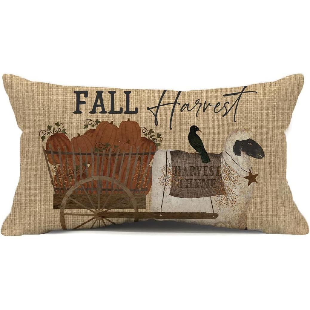 Thanksgiving Day Harvest Throw Pillow Cover 12x20 Inch, Seasonal Autumn Thankful Farmhouse Lumbar Pillow Covers Thyme Sheep with Pumpkin Cart
