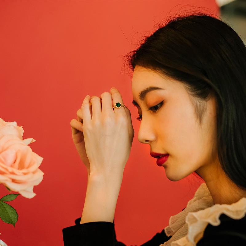 2022 Japanese Retro Green Agate Lace Ring for Women, S925 Silver Muslim Design