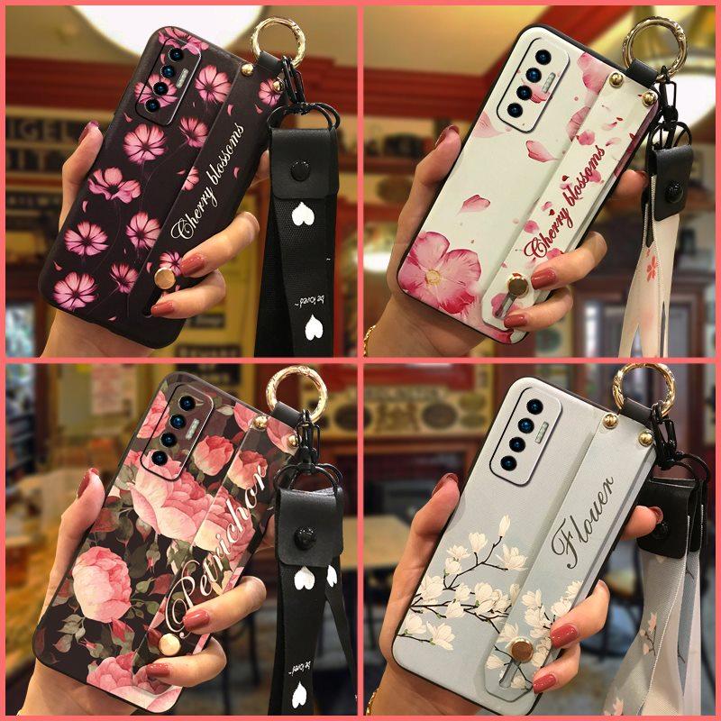 Soft case Silicone Phone Case For Tecno Camon17P Dirt-resistant Flower Durable Wrist Strap Wristband Lanyard Ring