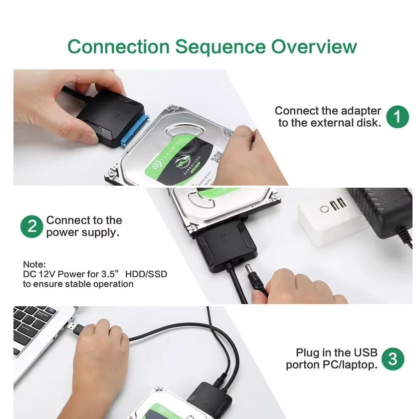 SATA To USB3.0 Adapter Cable for 3.5/2.5 Inch SSD HDD SATA III Hard Drive Disk Converter Support UASP with 12V Power Adapter