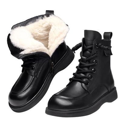Genuine Leather Round Toe Lace-Up Non-Slip Winter Boots with Thick Sole