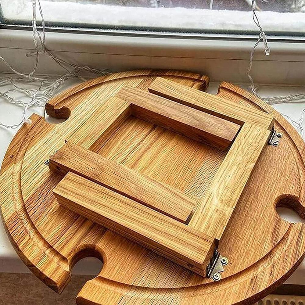 Folding Picnic Table With Glass Holder Round Foldable Desk Wine Glass Rack Collapsible Camping Table For Party Wooden Outdoor