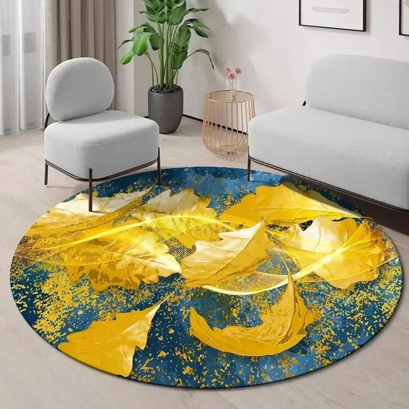 Goldenes Ginkgoblatt Runder Teppich Abstrakt Geometrischer Bereichsteppich für Wohnzimmer Schlafzimmer Küche Dekorativ Rutschfest Innenbodenmatte