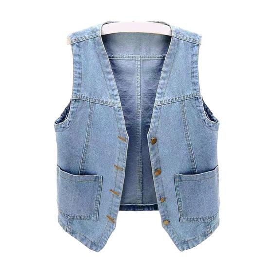 Vestă Dama Denim cu Buzunare Fără Mâneci cu Nasturi Largă Culoare Solidă Cardigan Gât în V