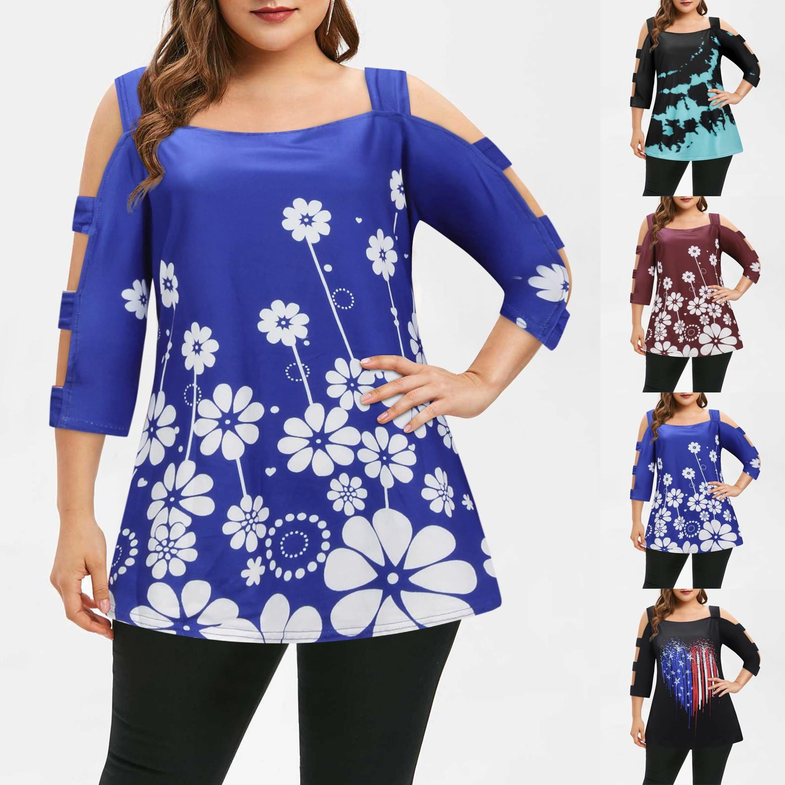 

Женская летняя рубашка больших размеров с открытыми плечами и круглым вырезом, топ с принтом