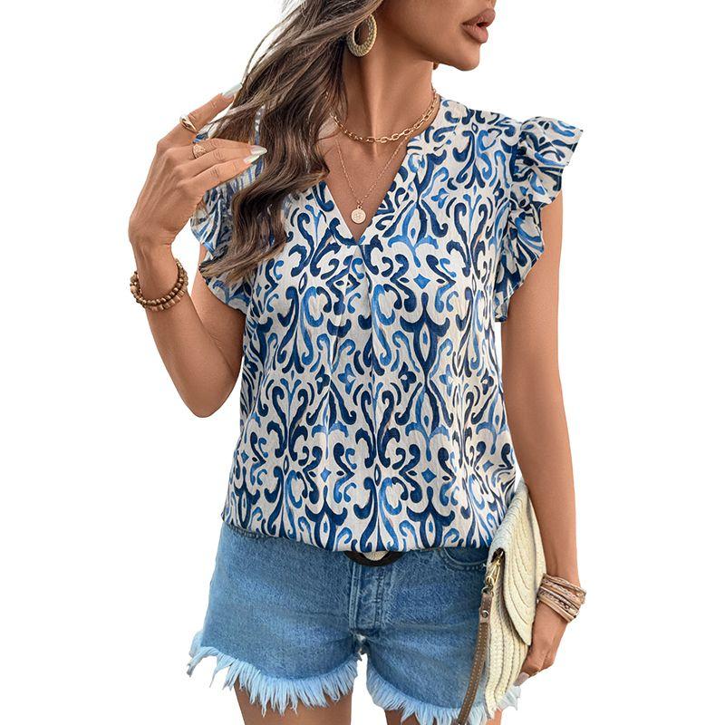 Summer Bohemia Style Short Sleeve Pullover Shirt Women 2025 Fashion Loose Pullover V-neck Ruffle Sleeve Top Women
