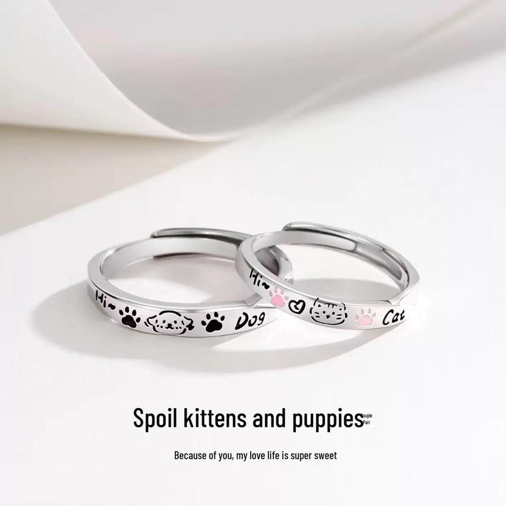 Cartoon Pet Couple Rings for Him and Her: Cute Kitten & Puppy Design, High-End Student Style