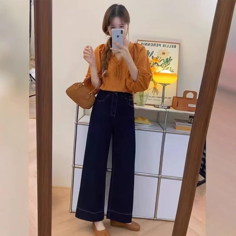 Women's Dark Blue High-Waist Wide-Leg Jeans - Slimming, Loose Fit for Pear-Shaped Bodies