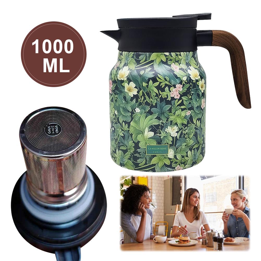 Ceainic Retro Floral 1000ml/800ml Oțel Inoxidabil Izolat Ceainic cu Infuzor Ceai Vas Termoizolant pentru Ceai cu Mâner din Lemn