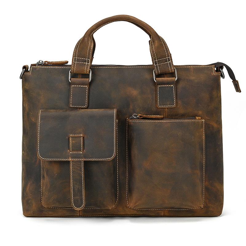 Retro Men'S Multifunctional Briefcase Crazy Horse Leather Computer Bag Genuine Leather Shoulder Bag Business Tote Bag