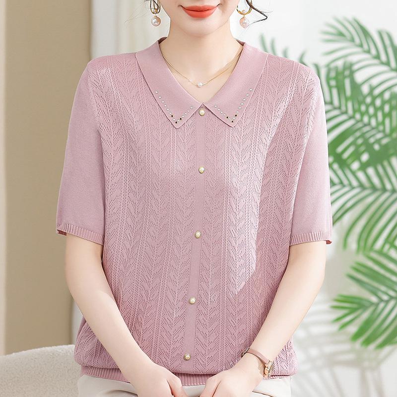 Summer 2025 Ice Silk Knit Doll Collar Cardigan - Women's Short Sleeve Top for Middle-Aged & Elderly