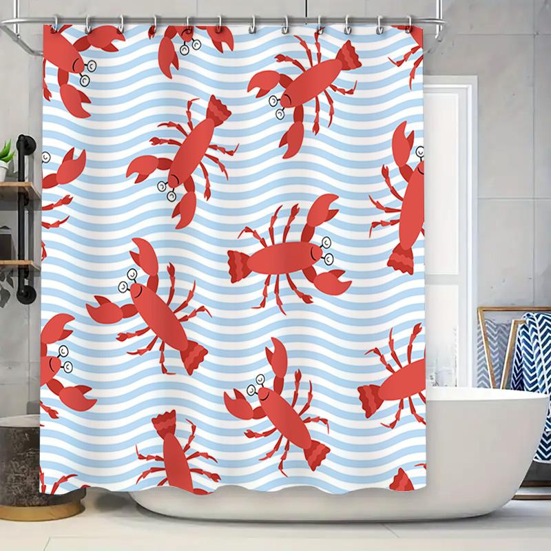 

Blue White Striped Red Crab Shower Curtain Decorative Bath Rug Fabric Waterproof Washroom Accessory Home Bathroom Decoration Wat W60H190(CM)-1 Pcs