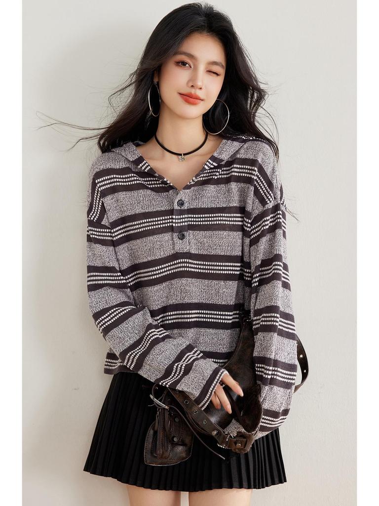 Women's 2025 Striped Hooded Loose Knitwear - Spring & Autumn Petite Top